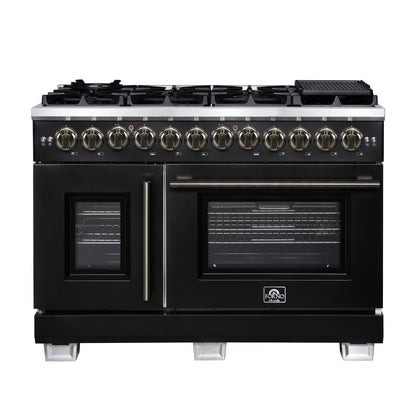 Forno Capriasca 48 Inch Freestanding French Door Dual Fuel Range in Black with Antique Brass Accessories, 8 Burners, True Convection Oven