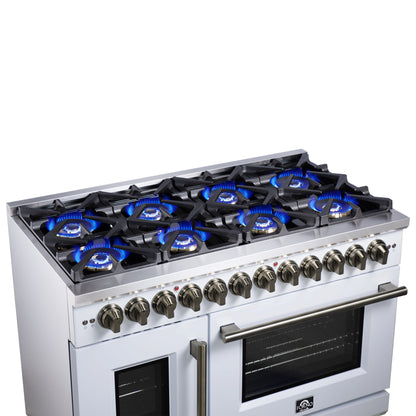 Forno Capriasca 48 Inch Freestanding French Door Dual Fuel Range in White with Antique Brass Accessories, 8 Burners, True Convection Oven