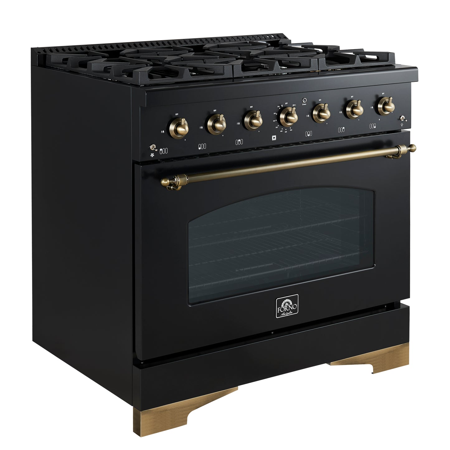 Forno Antico 36-inch Dual Fuel Range, Black and Antique Brass, 6 Burners, 4.5 cu.ft. Convection Oven
