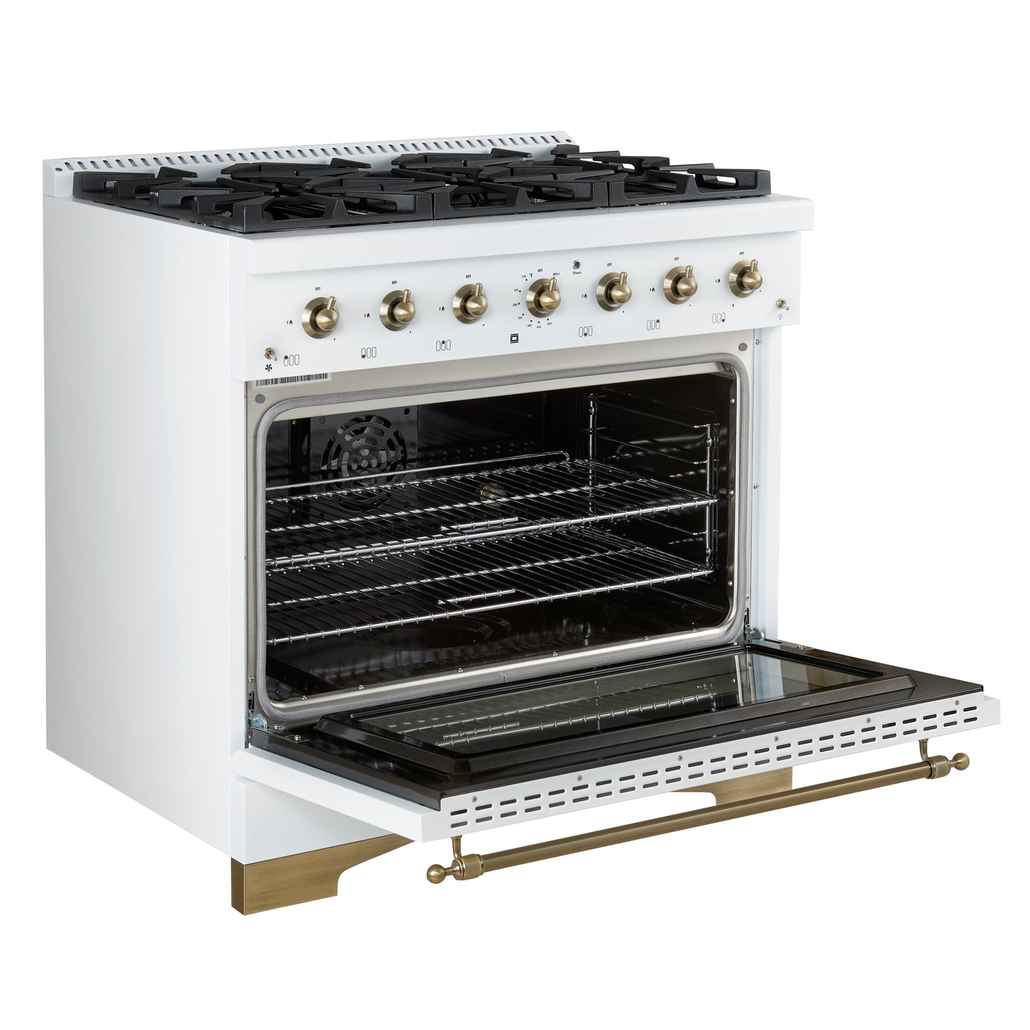 Forno Antico 36-inch Dual Fuel Range White and Antique Brass Design with 6 Sealed Gas Burners and Electric Convection Oven