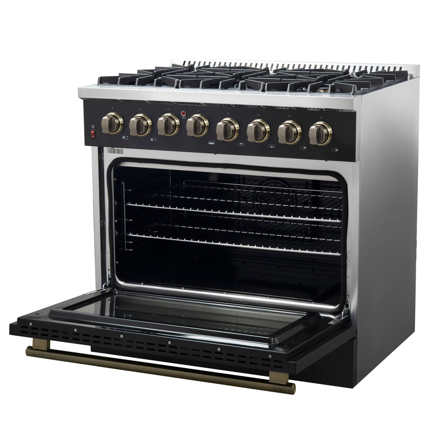 Forno Galiano 36-inch Dual Fuel Range in Black & Antique Brass Design, 6 Sealed Burners 83,000 BTU, 5.36 cu.ft. True Convection Oven