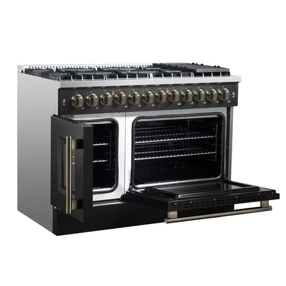 Forno Galiano 48-inch French Door Dual Fuel Range, Black & Antique Brass Design, 8 Sealed Burners - 107,000 BTU, Griddle, 6.58 cu.ft. Double Ovens