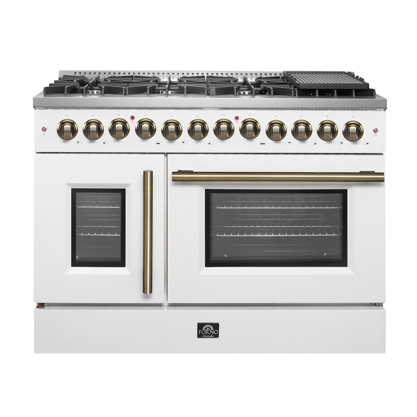 Forno Galiano 48-inch French Door Dual Fuel Range, White & Antique Brass Design, 8 Sealed Burners - 107,000 BTU, Griddle, 6.58 cu.ft. Double Ovens