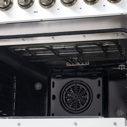 Forno Galiano 48-inch French Door Dual Fuel Range, White & Antique Brass Design, 8 Sealed Burners - 107,000 BTU, Griddle, 6.58 cu.ft. Double Ovens