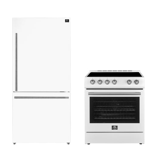 FORNO Premium 2-Piece Kitchen Bundle - Leonardo Espresso 30" White Range, 31" White Bottom Freezer Refrigerator - FBDL-003-03US