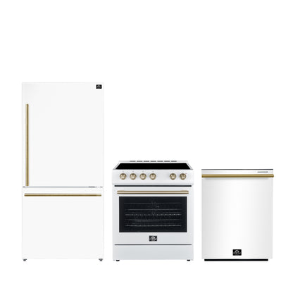 FORNO Premium 3-Piece Kitchen Bundle - Leonardo Espresso 30" White Range, 31" White Bottom Freezer Refrigerator, 24" White Built-In Dishwasher - FBDL-007-03CA