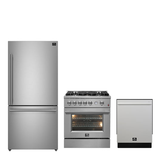 FORNO Premium 3-Piece Kitchen Bundle - 30" Gas Range, Bottom Freezer Refrigerator, Built-In Dishwasher, Stainless Steel - FBDL-012-01CAUS