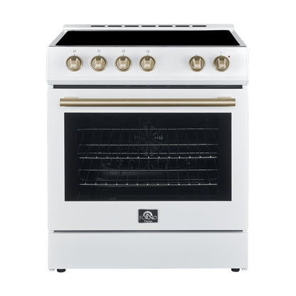 FORNO Premium 3-Piece Kitchen Bundle - Leonardo Espresso 30" White Range, 30" White Range Hood, 31" White Refrigerator - FBDL-001-03CA