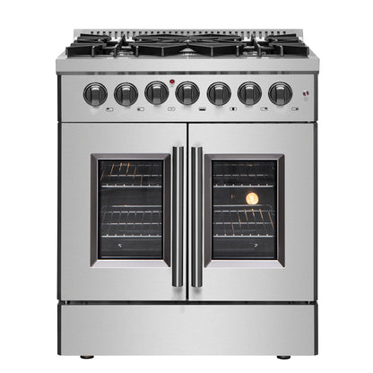 Forno Galiano 30-inch French Door Dual Fuel Range All Stainless Steel, 5 Sealed Burners 68,000 BTU, 4.32 cu.ft. True Convection Oven