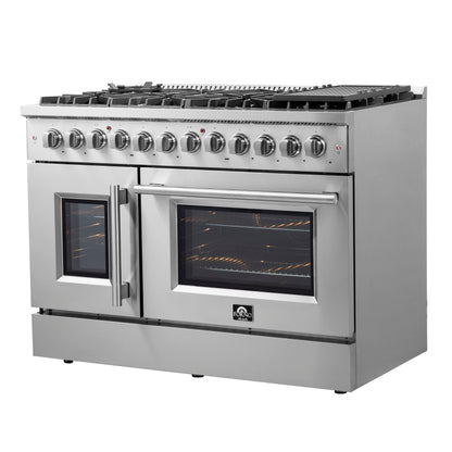 FORNO Galiano 48-Inch French Door Dual Fuel Range All Stainless Steel, 8 Sealed Burners, 107,000 BTU, Griddle, 6.58 cu.ft. Double Ovens