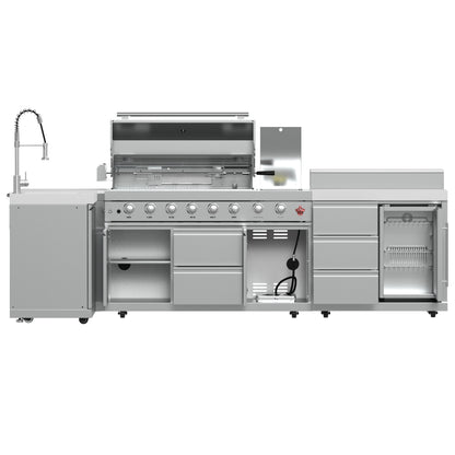 FORNO Bulnes 40-Inch BBQ, 95,000 BTU, 5 Burners, Sear & Rotisserie Infrared with Side Burner, Stainless Steel Outdoor Kitchen with 1.8 cu.ft. Beverage Center & White Sintered Stone Countertops