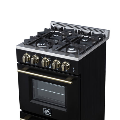 Forno Breno 24 Inch Freestanding Gas Range in Black with Antique Brass, Compact Design