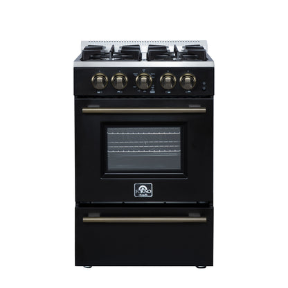 Forno Breno 24 Inch Freestanding Gas Range in Black with Antique Brass, Compact Design