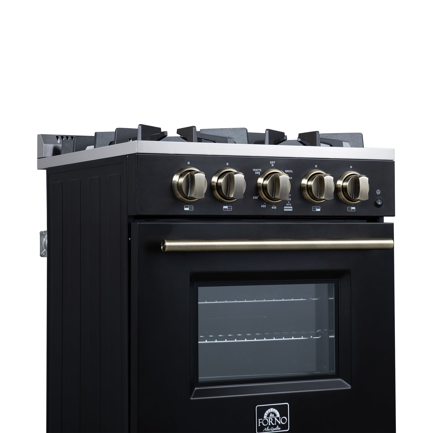 Forno Breno 24 Inch Freestanding Gas Range in Black with Antique Brass, Compact Design
