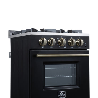 Forno Breno 24 Inch Freestanding Gas Range in Black with Antique Brass, Compact Design