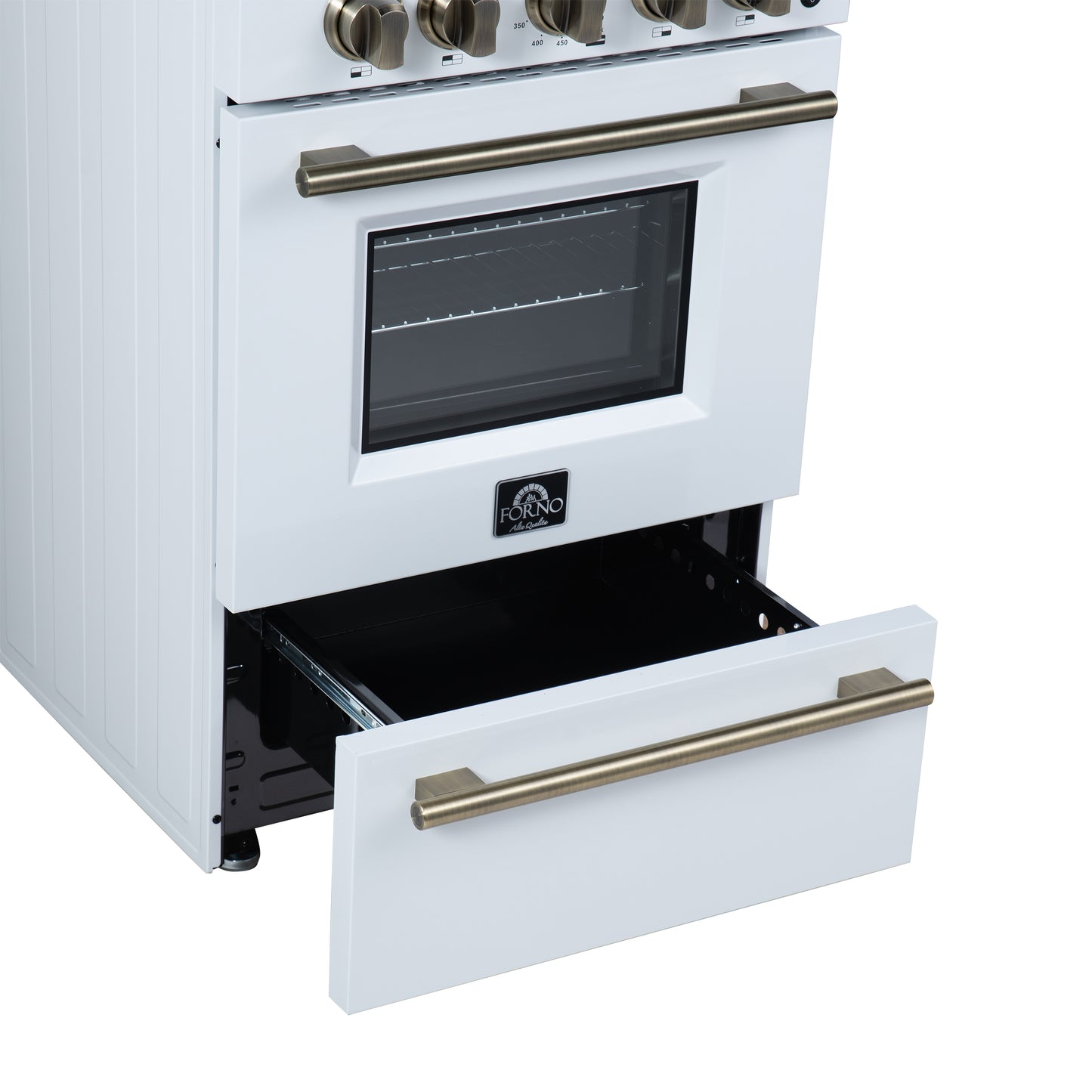 Forno Breno 24 Inch Freestanding Gas Range in White with Antique Brass, Compact Design