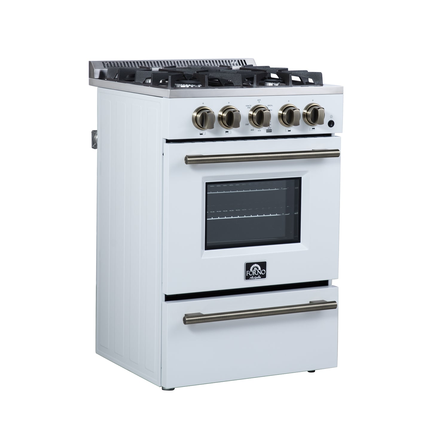 Forno Breno 24 Inch Freestanding Gas Range in White with Antique Brass, Compact Design
