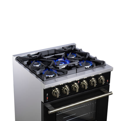Forno Massimo 30-Inch Black Freestanding Gas Range, 4 Burners, True Convection Oven