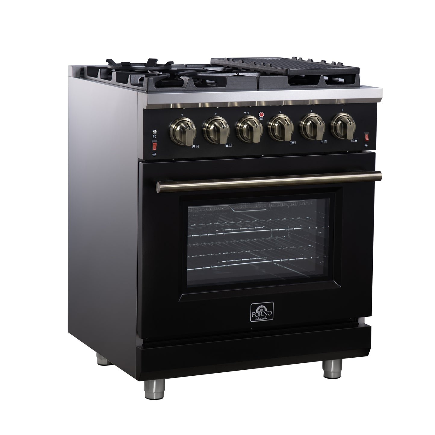 Forno Massimo 30-Inch Black Freestanding Gas Range, 4 Burners, True Convection Oven
