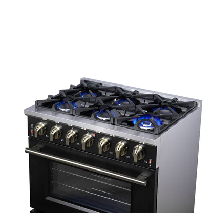 Forno Massimo 36-Inch Black Freestanding Gas Range, 6 Sealed Burners, Convection Oven, Energy Efficient
