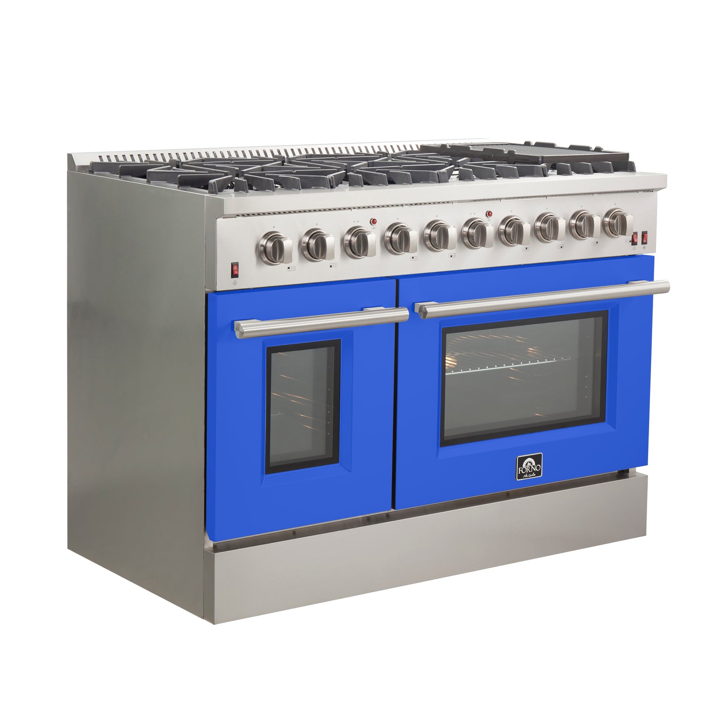Forno Galiano 48-Inch Freestanding Gas Range, Stainless Steel, 8 Burners, 107,000 BTU, Griddle, Double Ovens, Energy Efficient, Blue Doors