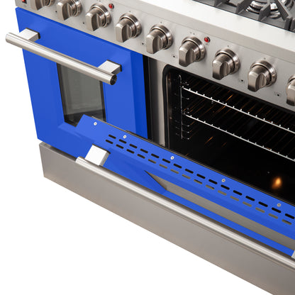 Forno Galiano 48-Inch Freestanding Gas Range, Stainless Steel, 8 Burners, 107,000 BTU, Griddle, Double Ovens, Energy Efficient, Blue Doors