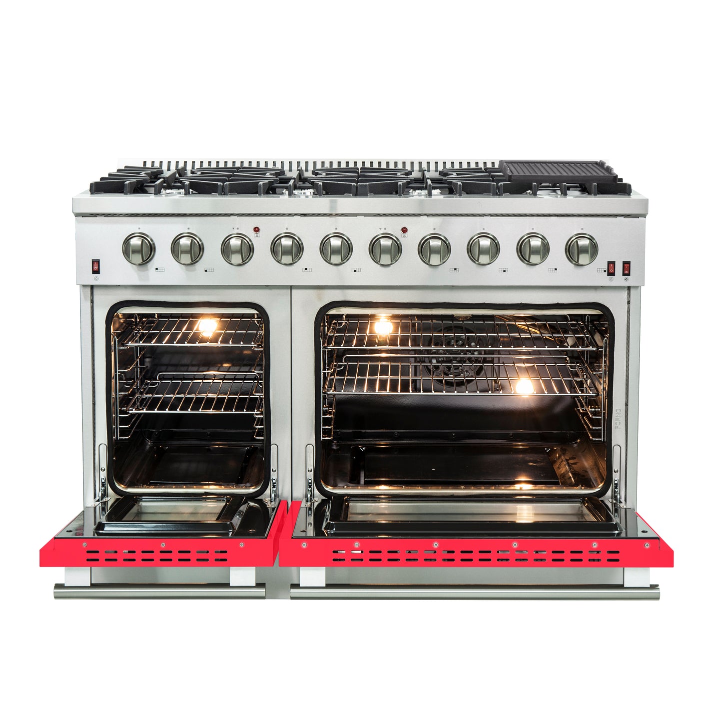 Forno Galiano 48-Inch Freestanding Gas Range, Stainless Steel, 8 Burners, 107,000 BTU, Griddle, Double Ovens, Energy Efficient, Red Doors