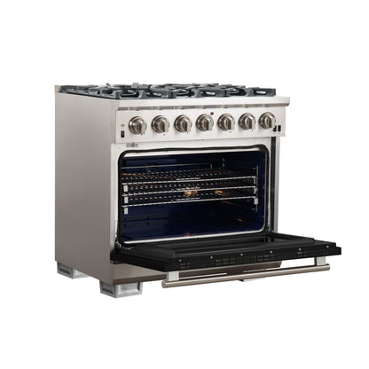 Forno Capriasca 36-Inch Gas Range, Stainless Steel, 6 Brass Burners, 120,000 BTU, Convection Oven, Energy Efficient, Black door