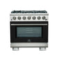 Forno Capriasca 36-Inch Gas Range, Stainless Steel, 6 Brass Burners, 120,000 BTU, Convection Oven, Energy Efficient, Black door