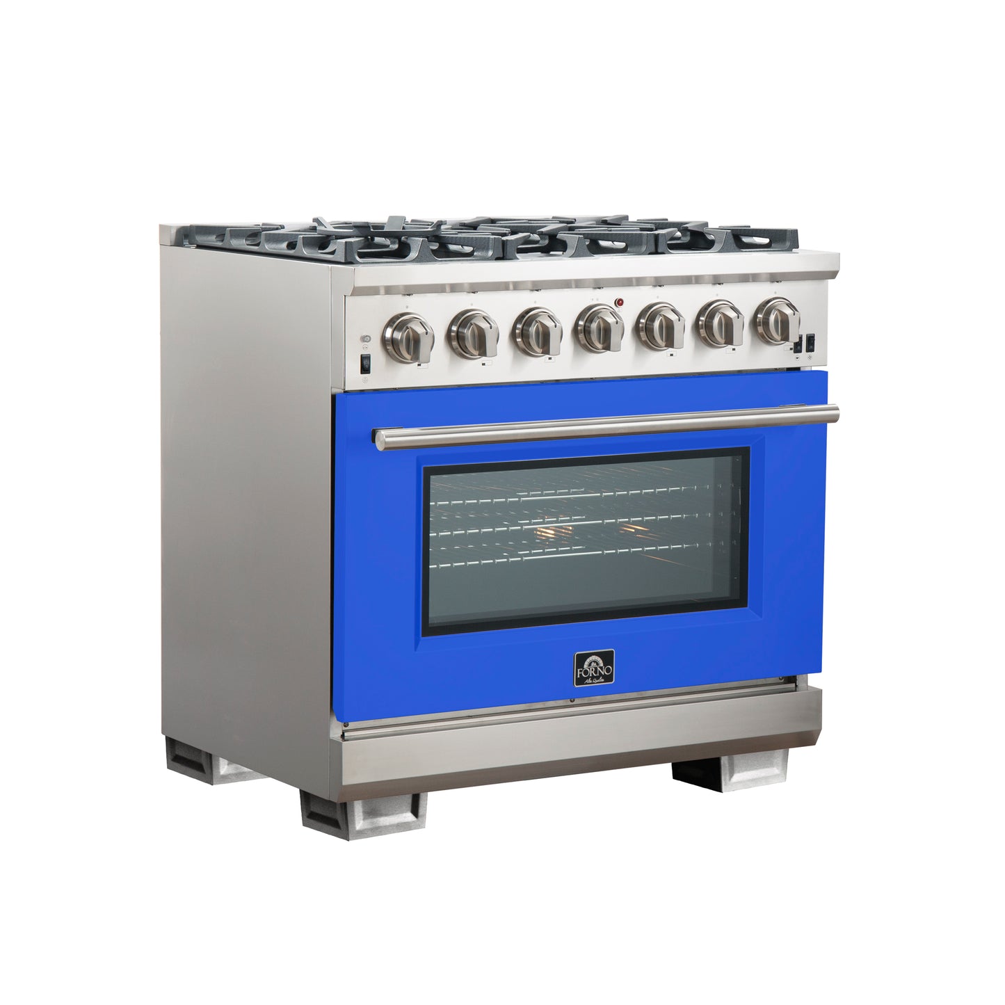 Forno Capriasca 36-Inch Gas Range, Stainless Steel, 6 Brass Burners, 120,000 BTU, Convection Oven, Energy Efficient, Blue Door