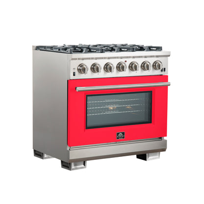 Forno Capriasca 36-Inch Gas Range, Stainless Steel, 6 Brass Burners, 120,000 BTU, Convection Oven, Energy Efficient, Red Door