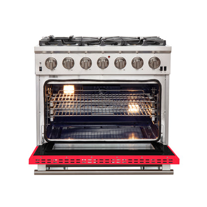 Forno Capriasca 36-Inch Gas Range, Stainless Steel, 6 Brass Burners, 120,000 BTU, Convection Oven, Energy Efficient, Red Door