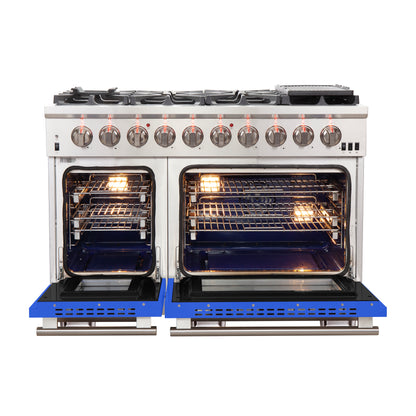 FORNO Capriasca 48-inch Gas Range Stainless Steel, 8 Brass Burners 160,000 BTU, 6.58 cu.ft. Double Oven, Blue Doors