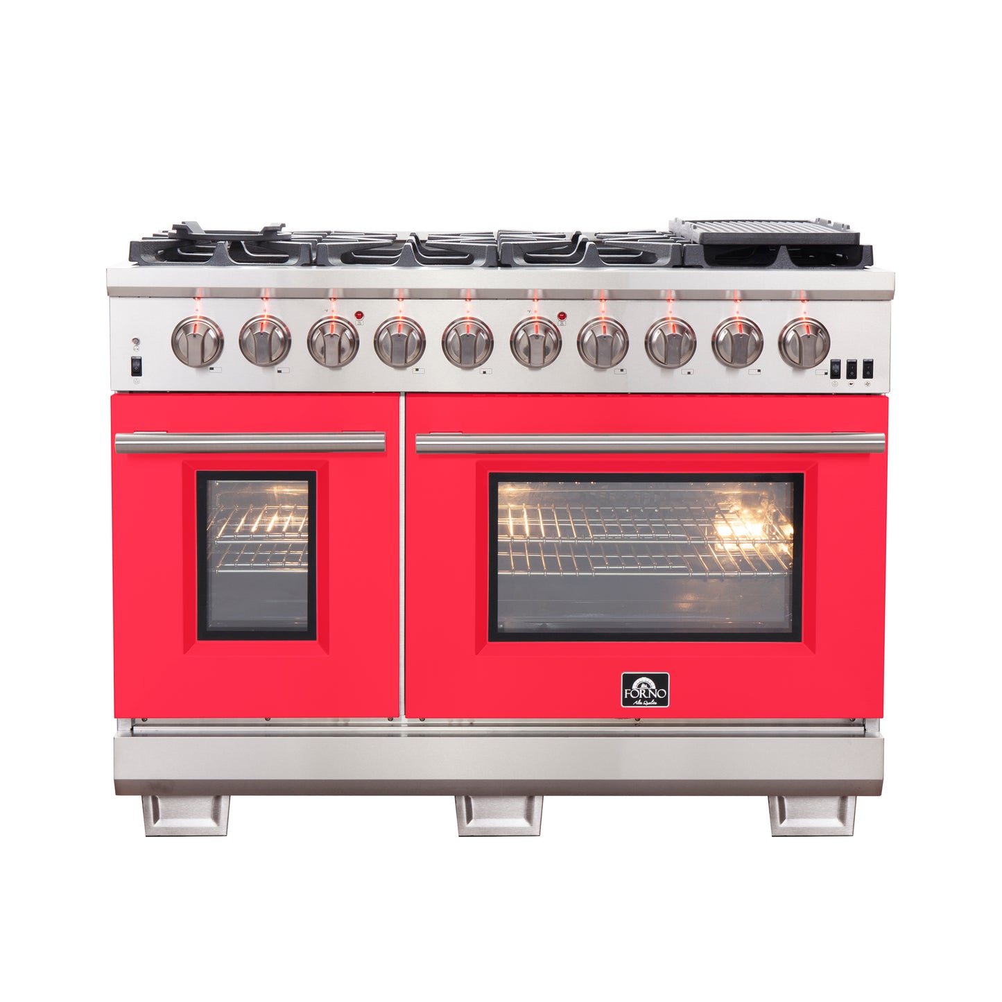 FORNO Capriasca 48-inch Gas Range Stainless Steel, 8 Brass Burners 160,000 BTU, 6.58 cu.ft. Double Oven, Red Doors