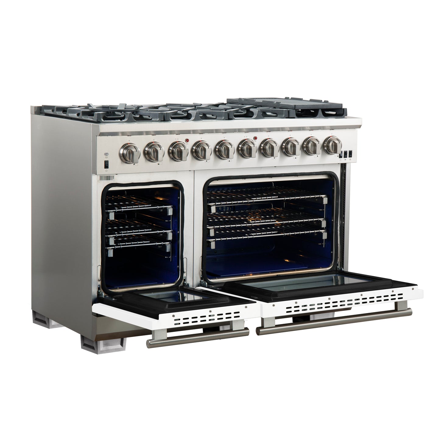 FORNO Capriasca 48-inch Gas Range Stainless Steel, 8 Brass Burners 160,000 BTU, 6.58 cu.ft. Double Oven, White Doors