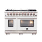 FORNO Capriasca 48-inch Gas Range Stainless Steel, 8 Brass Burners 160,000 BTU, 6.58 cu.ft. Double Oven, White Doors