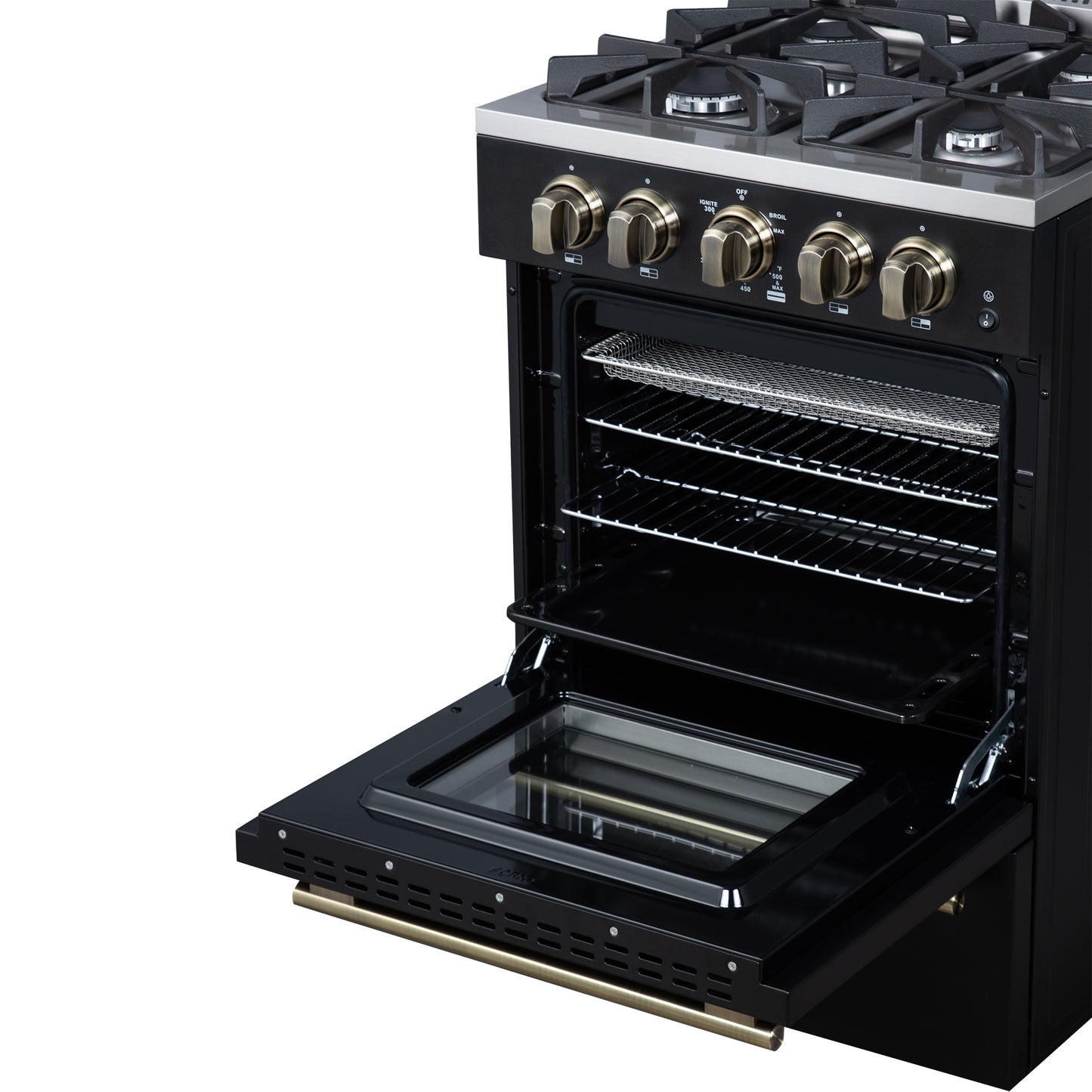 Forno Breno 24 Inch Freestanding Gas Range in Black with Antique Brass, Plug Included, Energy Efficient