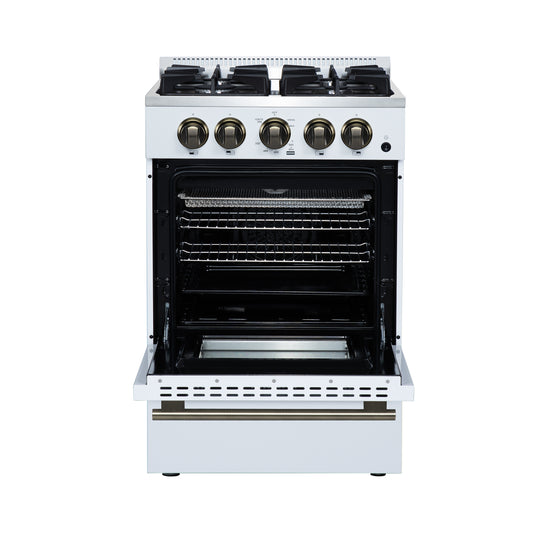 Forno Breno 24 Inch Freestanding Gas Range in White with Antique Brass, Plug Included, Energy Efficient