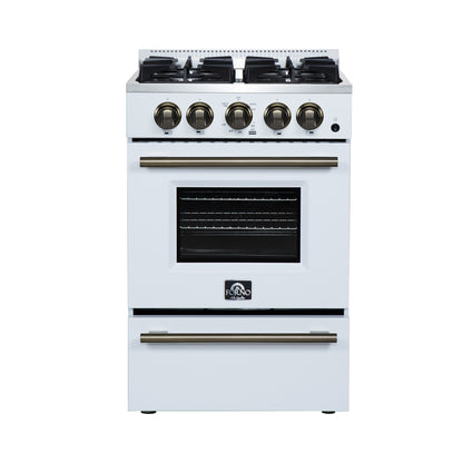 Forno Breno 24 Inch Freestanding Gas Range in White with Antique Brass, Plug Included, Energy Efficient