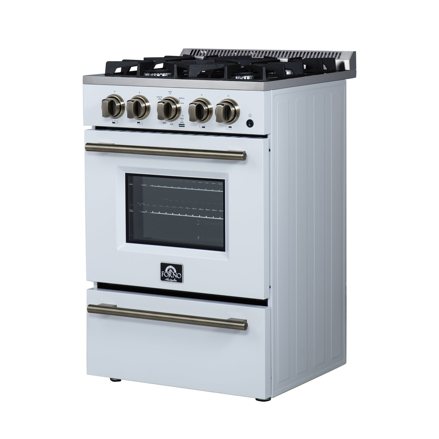 Forno Breno 24 Inch Freestanding Gas Range in White with Antique Brass, Plug Included, Energy Efficient