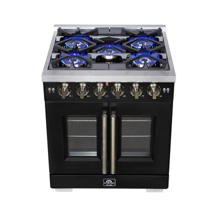 Forno Capriasca 30-Inch Freestanding French Door Gas Range, 4 Burners, Convection Oven, Energy Efficient