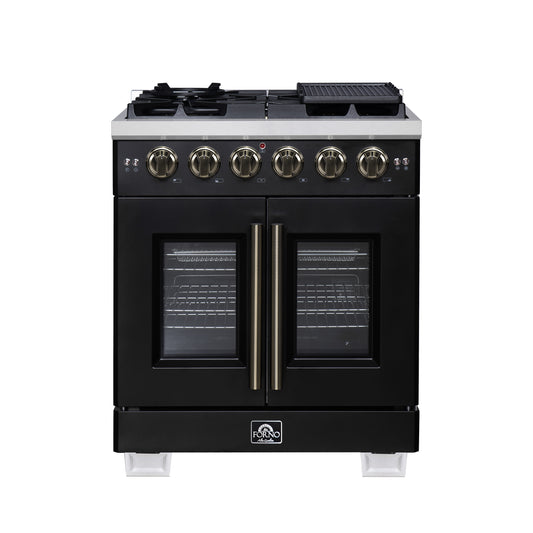 Forno Capriasca 30-Inch Freestanding French Door Gas Range, 4 Burners, Convection Oven, Energy Efficient