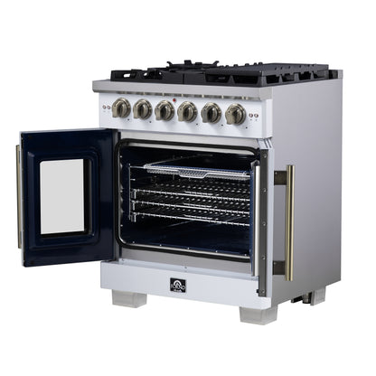 Forno Capriasca 30-Inch White Freestanding French Door Gas Range, 4 Burners, Convection Oven, Energy Efficient