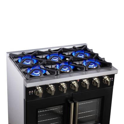 Forno Capriasca 36-Inch Black Freestanding French Door Gas Range, 6 Burners, Convection Oven, Energy Efficient