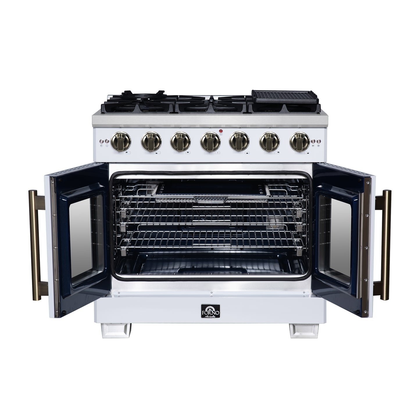 Forno Capriasca 36-Inch White Freestanding French Door Gas Range, 6 Burners, Convection Oven, Energy Efficient