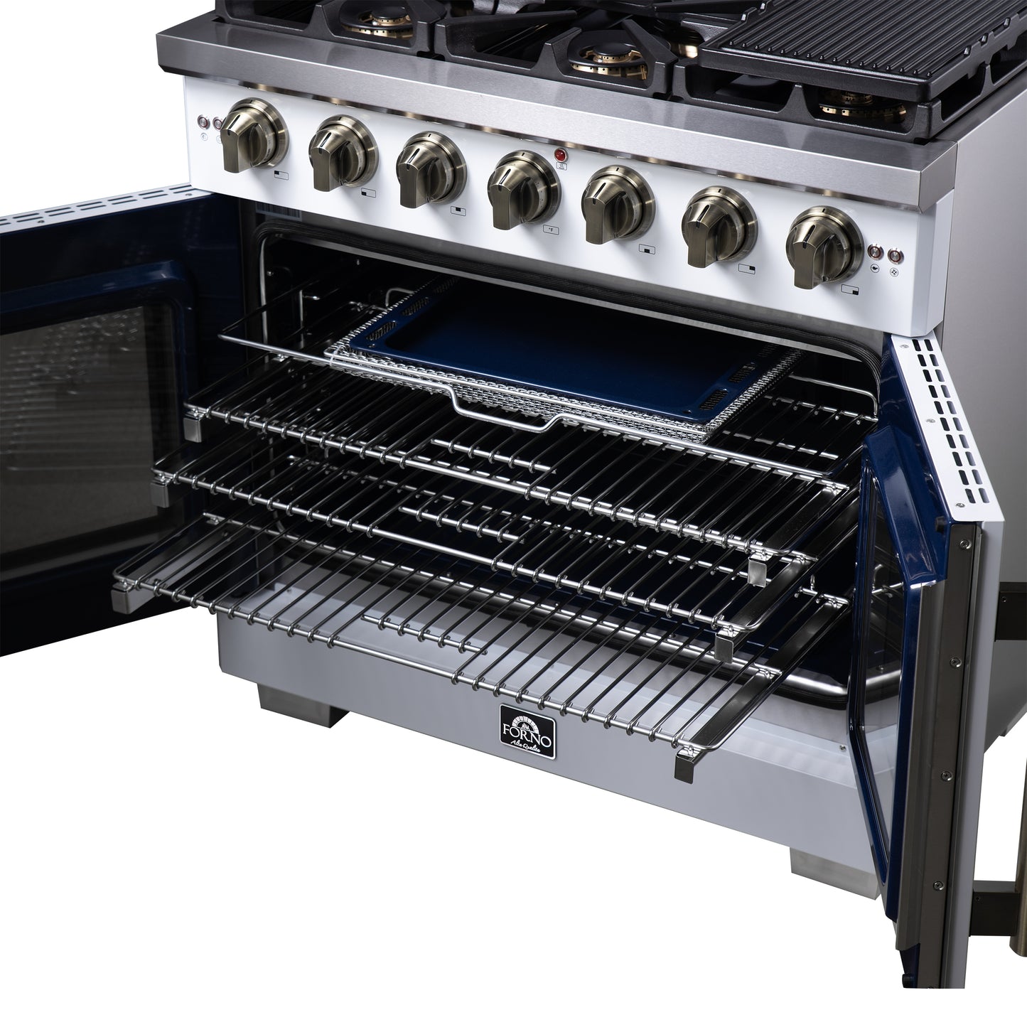 Forno Capriasca 36-Inch White Freestanding French Door Gas Range, 6 Burners, Convection Oven, Energy Efficient