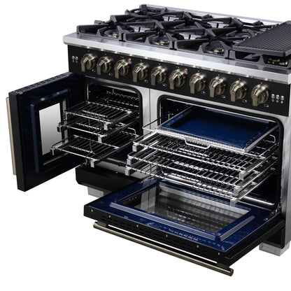 Forno Capriasca 48-Inch Black Freestanding French Door Gas Range, 8 Burners, Convection Oven, Energy Efficient