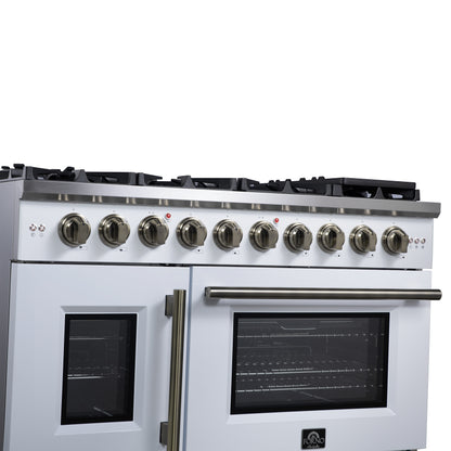 Forno Capriasca 48-Inch White Freestanding French Door Gas Range, 8 Burners, Convection Oven, Energy Efficient