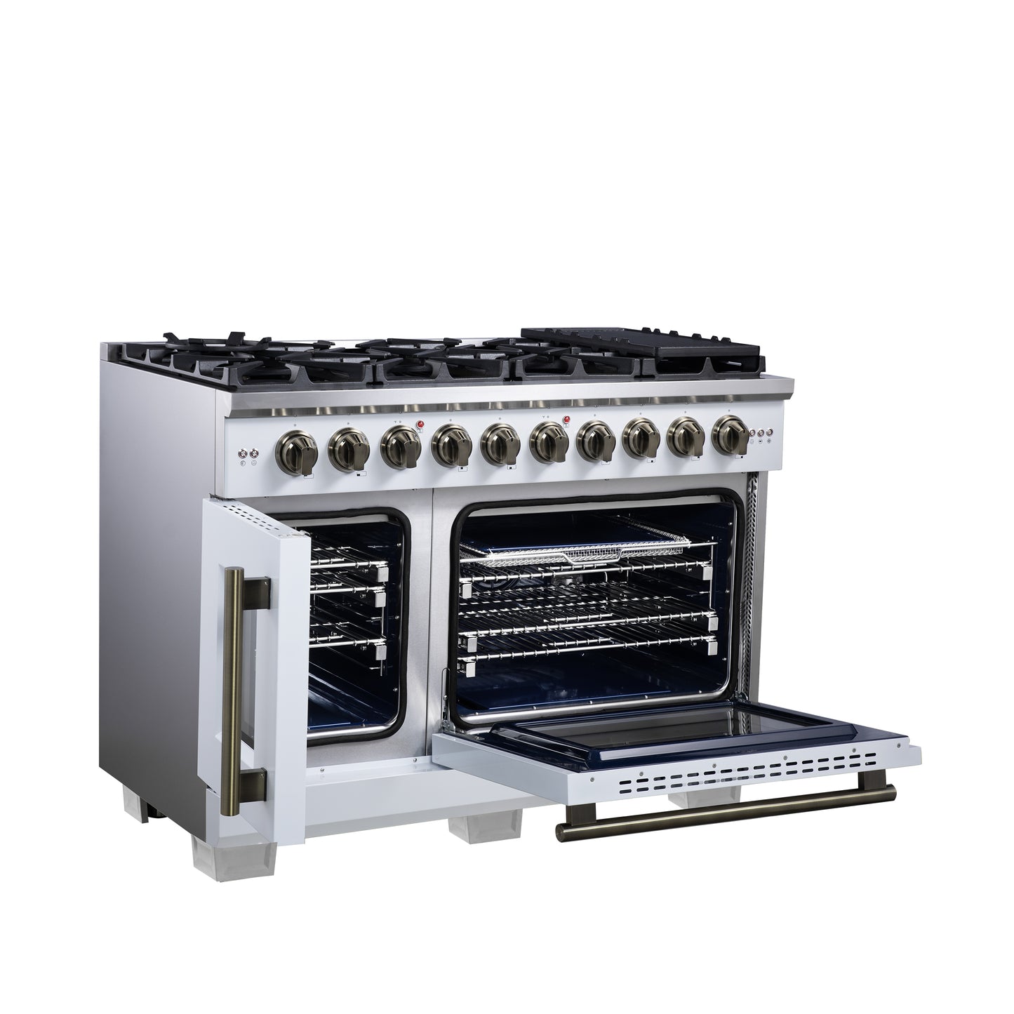 Forno Capriasca 48-Inch White Freestanding French Door Gas Range, 8 Burners, Convection Oven, Energy Efficient