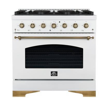 Forno Antico 36-Inch Freestanding Gas Range, White, Antique Brass Design, 6 Burners, Convection Oven, Energy Efficient